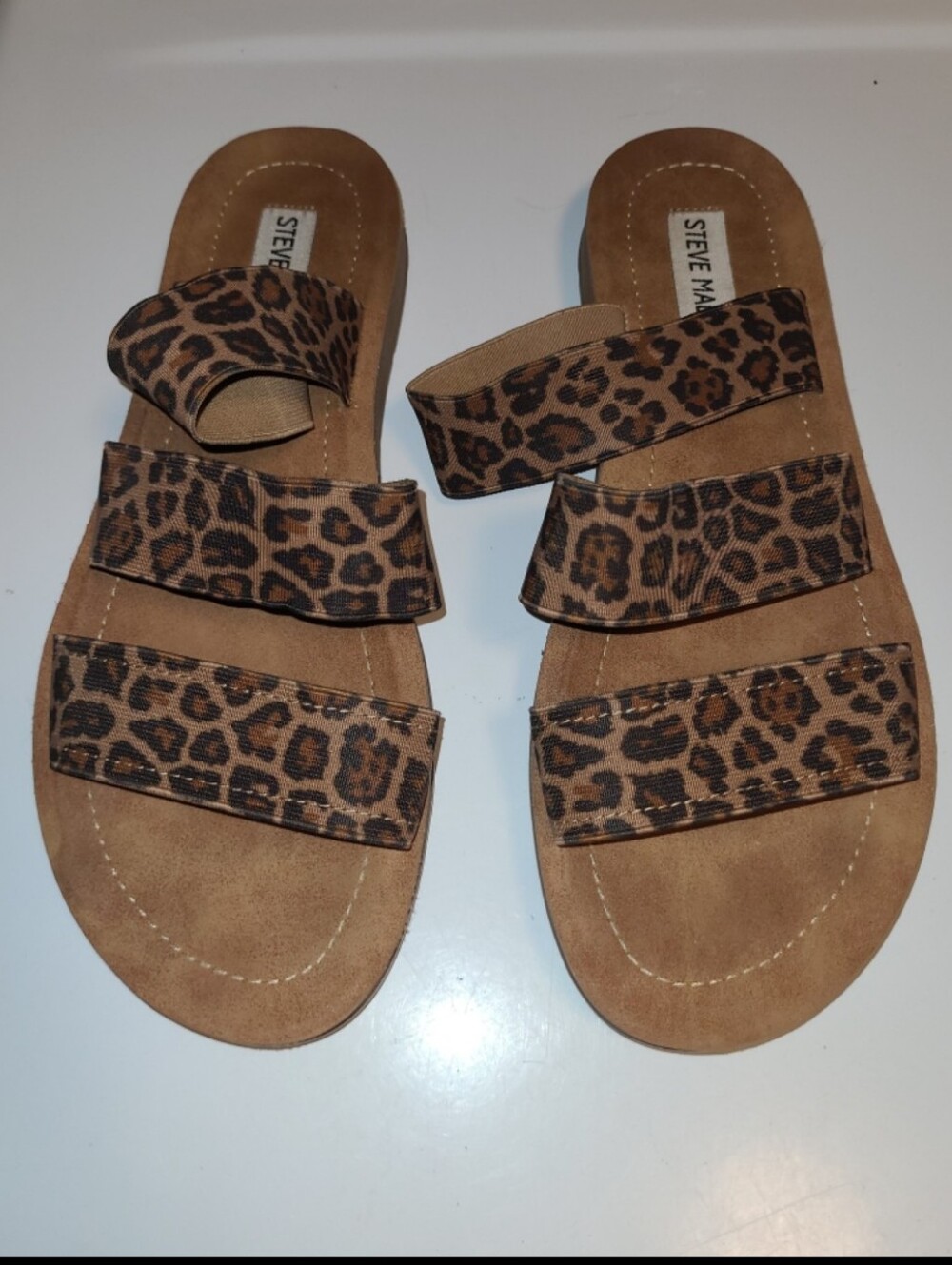 Steve Madden Leopard-Print Triple Strap Slide Sandals 7.5 Brown